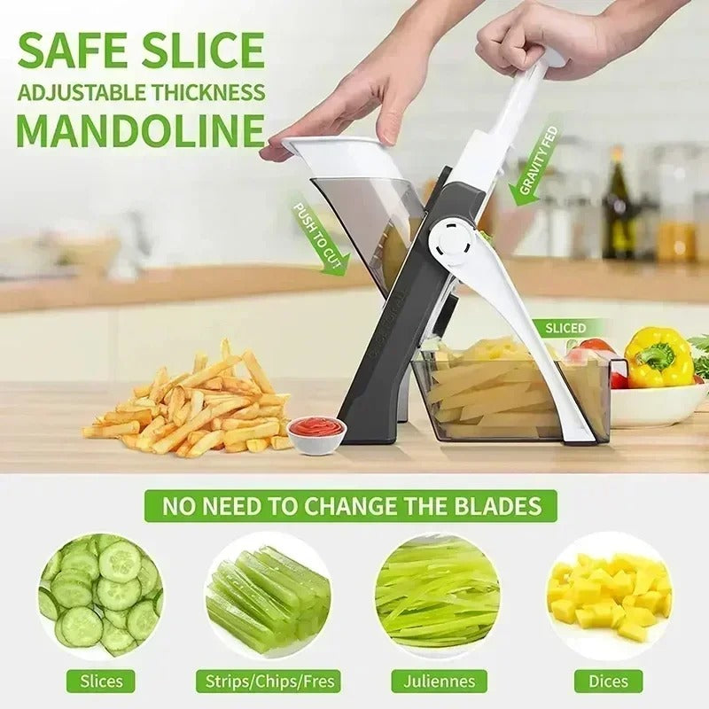 Manual multi-function vegetable cutter with interchangeable blades