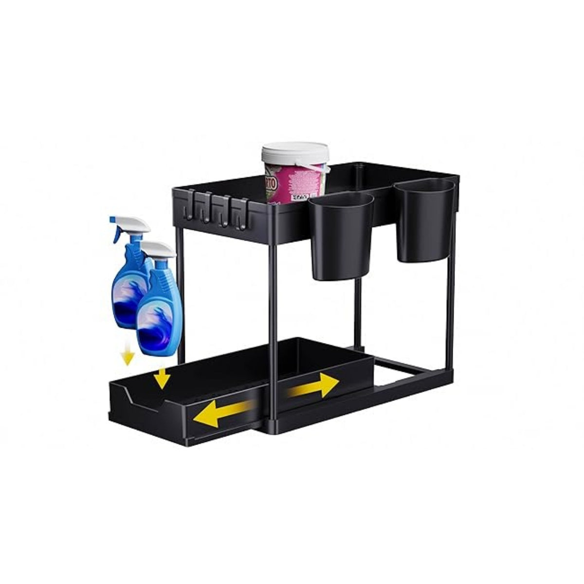 Under-sink shelf with side hooks and cups
