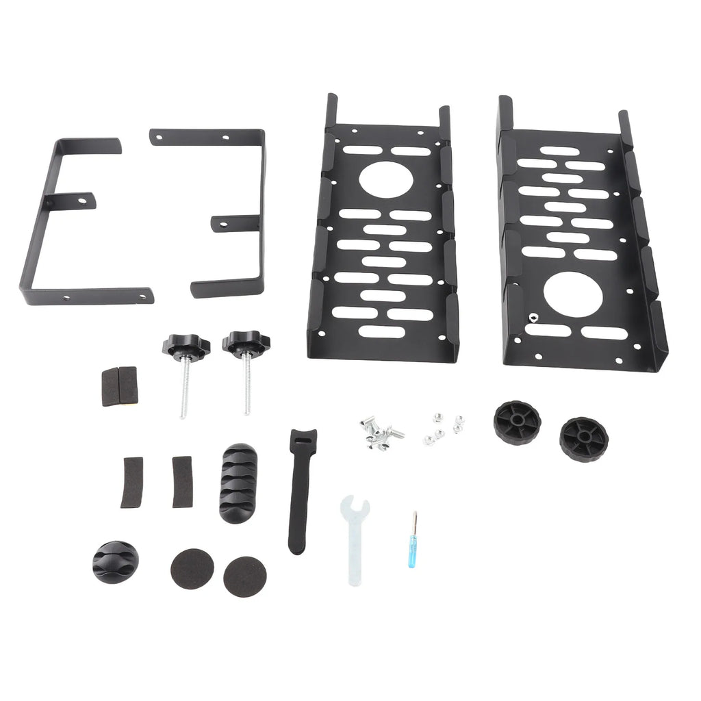Cable rack holding a plug strip and adapters