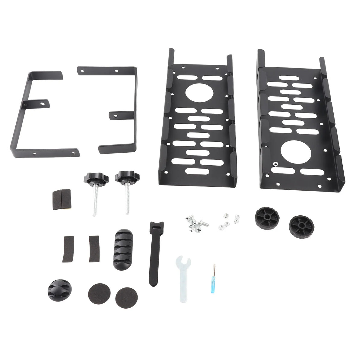 Cable rack holding a plug strip and adapters