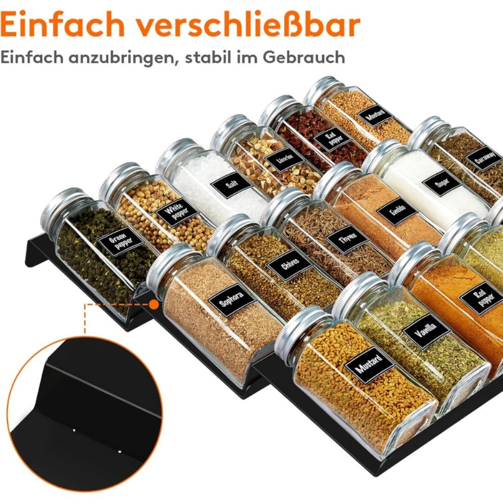 Two-piece black plastic spice drawer organiser with angled shelves