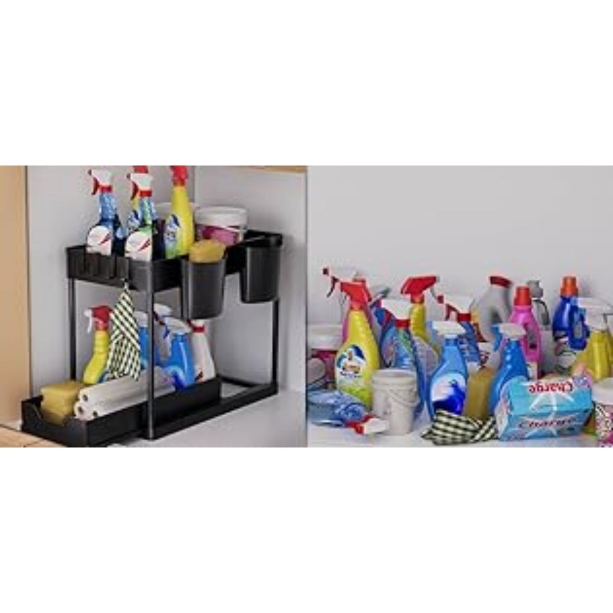 Under-sink shelf holding cleaning bottles