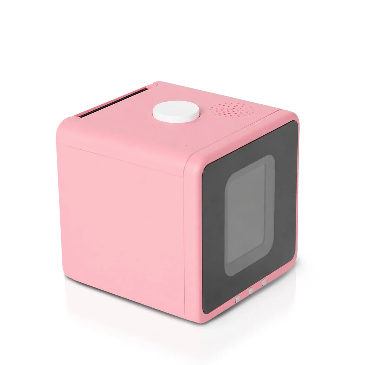 DreamCube inkless sticker printer in pink, front three-quarter view