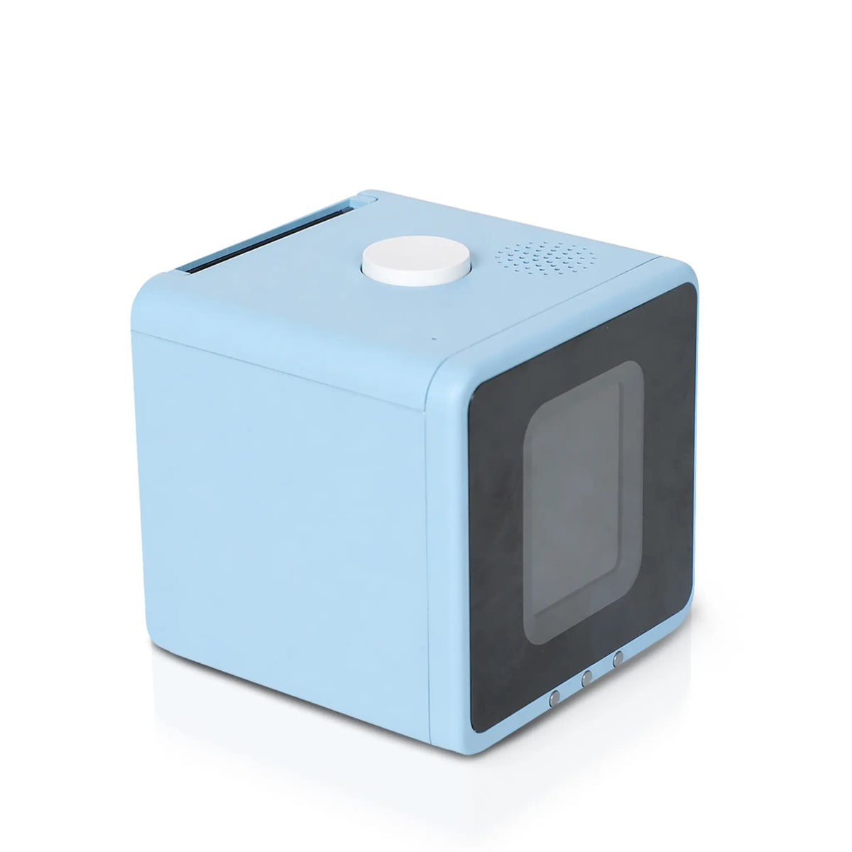 DreamCube inkless sticker printer in blue, front three-quarter view