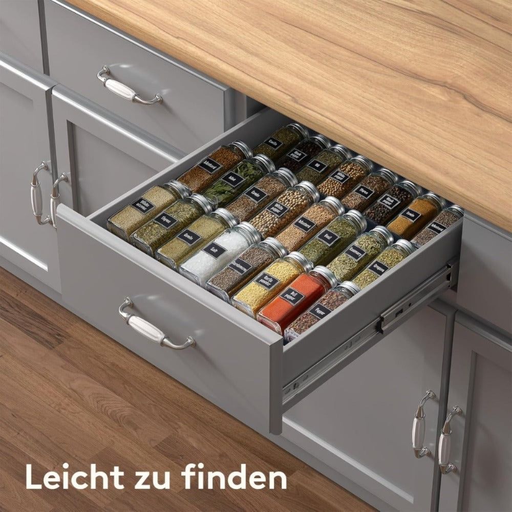 Spice drawer organiser in a kitchen drawer
